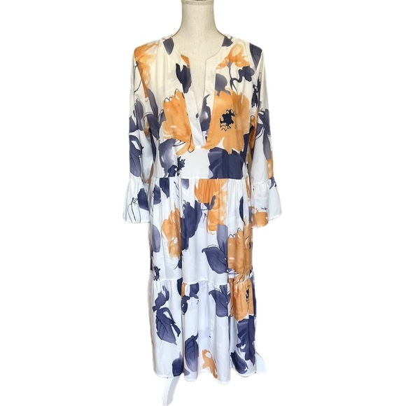 Floral Three Quarters Sleeve Tiered Maxi Dress White Yellow Large - Picture 2 of 5